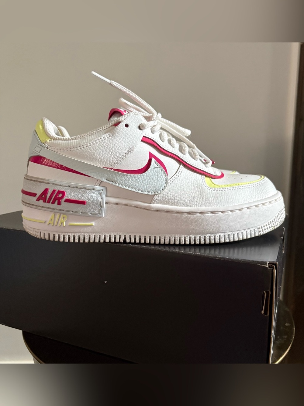 Nike Air Force 1 AF1 Shadow, white, blue tint with pink and yellow accents